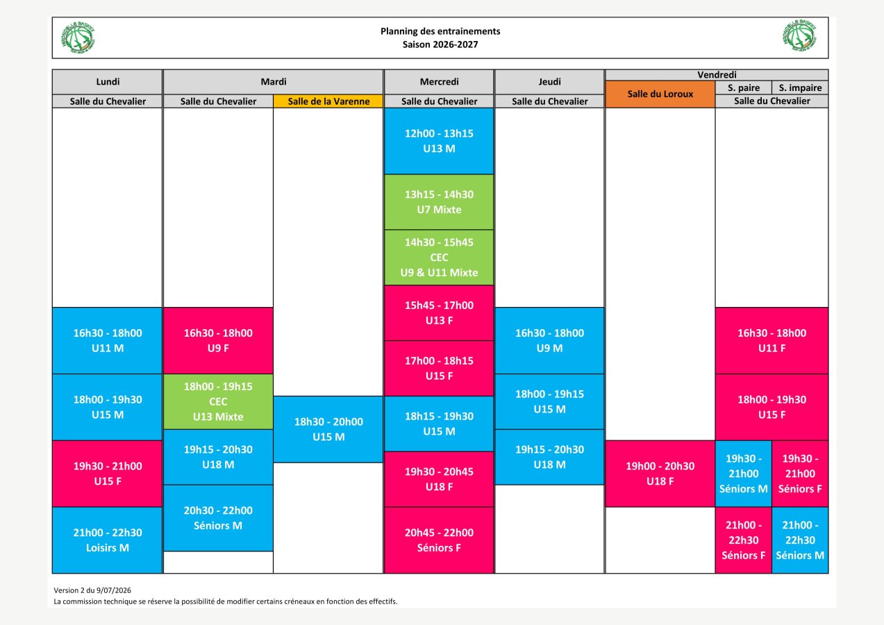 Planning des entrainements 2026-2027